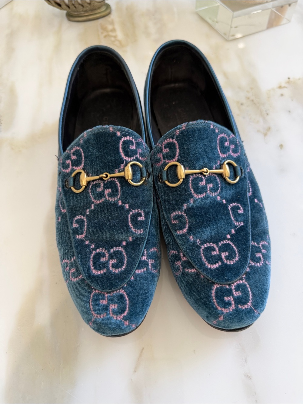 Blue Velvet Kids Loafers with Pink Monogram Detailing